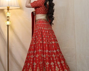 scarlet red ceremony lehenga/Lehenga/ luxury lehenga/ Sabyasachi lehenga/ ceremony lehenga/hand embroidery lehenga raw silk lehenga/lehenga