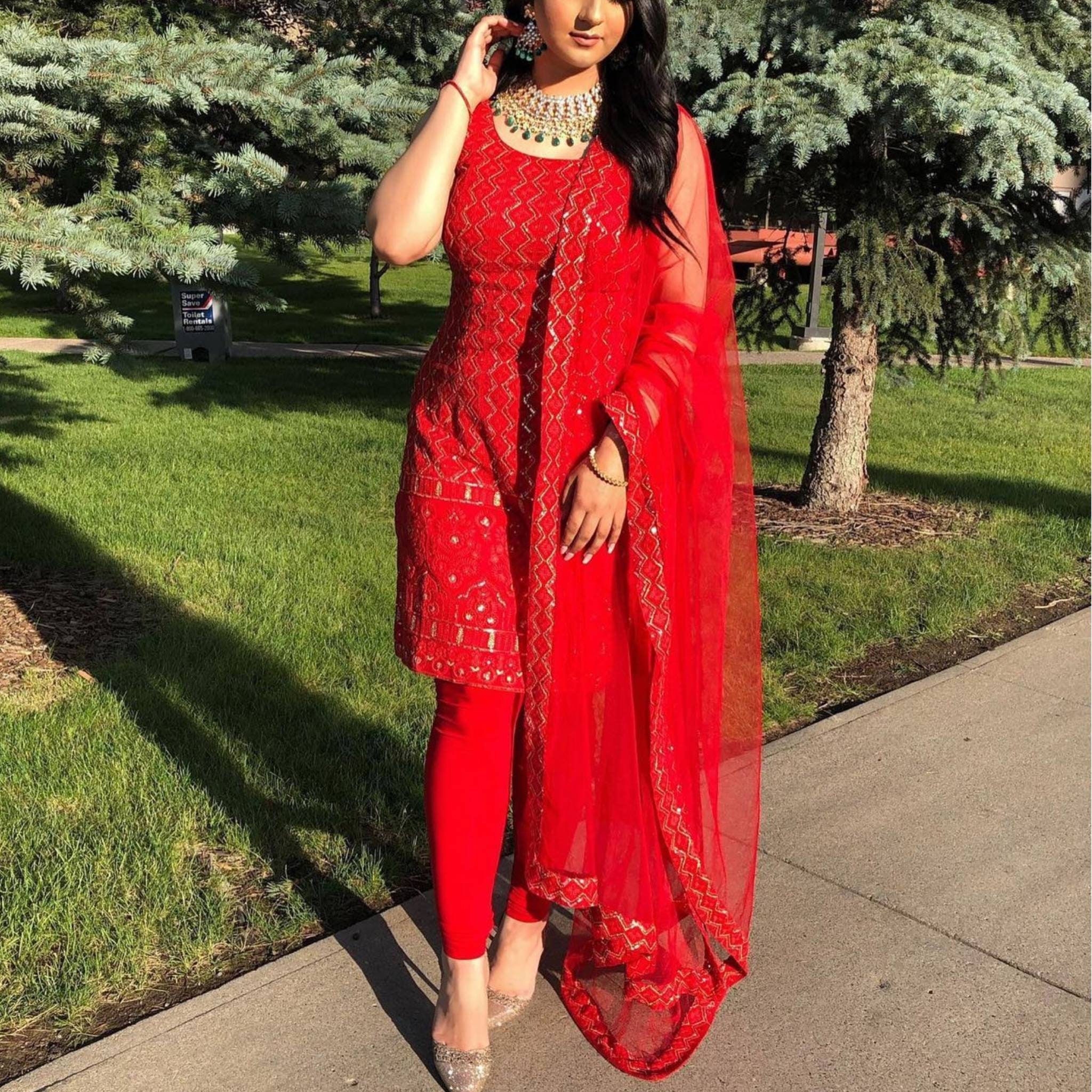 red plazo suit