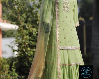 Eid Pista green embroidered kurta skirt with a peach shaded dupatta custom made lengha and kurti indo western Indian wedding reception
