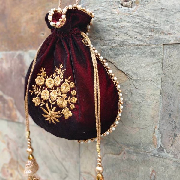 Sac potli en velours bordeaux, cadeaux de mariage, sac à main indien/sacs polti en vrac/cadeaux de mariage/cadeaux de mariage indiens