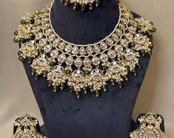 Antique gold polki necklace set with matching Jhumkas and tikka /Bridal Jewelry / Mukut necklace set with tikka / Bollywood jewelry/