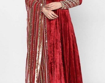 Maroon Velvet Anarkali With Mirror and 