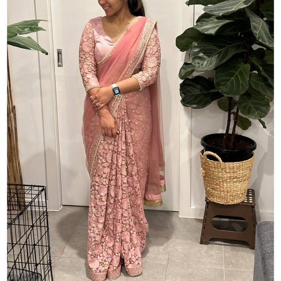 Blush Pink Embroidered Saree/peach Pink Saree/sari 