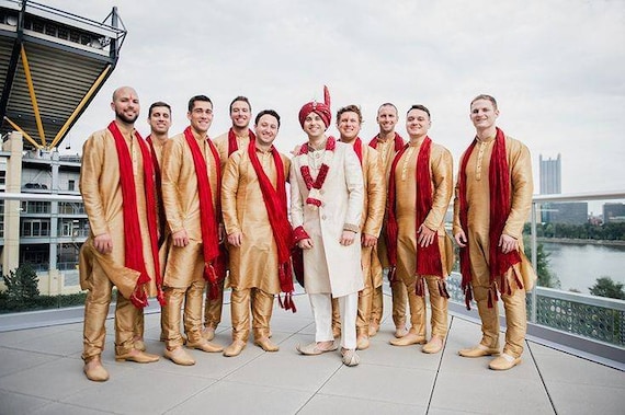 Gold Sherwani gold Kurta groomsmen Outfits south Asia Wedding