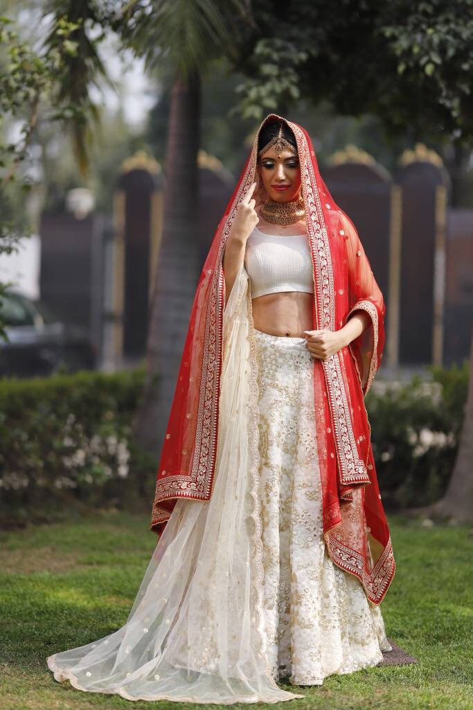 Red Dupatta Ivory Lehenga Choli Set ...