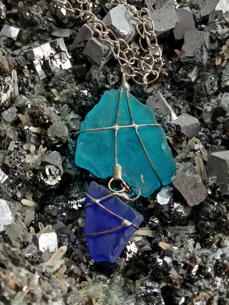 One Sea Glass Pendant Wire Wrapped Pendant Natural Gem Necklace +mineral fre Natural Mineral Gem Jewelry