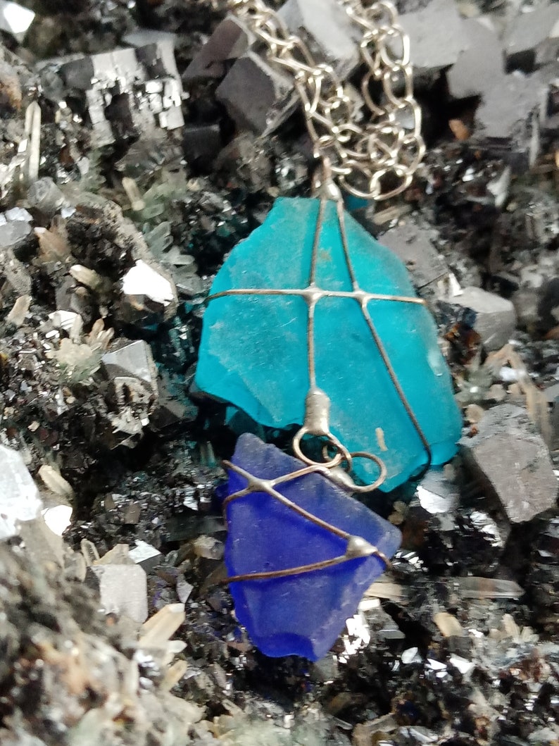 One Sea Glass Pendant Wire Wrapped Pendant Natural Gem Necklace +mineral fre Natural Mineral Gem Jewelry