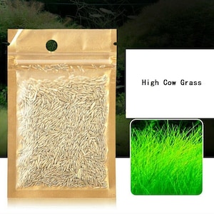 Könnte beinhalten: Ein goldfarbener, wiederverschließbarer Beutel gefüllt mit Grassamen. Der Beutel hat ein klares Fenster, das die Samen zeigt. Der Text "High Cow Grass" wird auf weißem Hintergrund angezeigt. Ein quadratisches Bild von grünem Gras wird ebenfalls gezeigt.