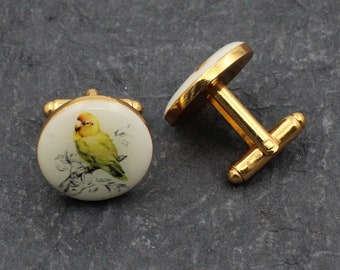 STERLING MEXICO BIRD Cufflinks Cuff Links-Vintage 925 Silver Overlay-Brown Wood-Cheo Hallmark-South America Spirit Sky Deity Condor Parrot
