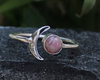 Rhodochrosite Ring, Half moon silver ring, Rhodochrosite ring, stacking ring, minimalist ring, knuckle ring, 925 silver ring, gifts for her