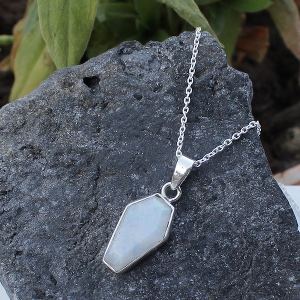 Natural Rainbow Moonstone Coffin Pendant, Gemstone Pendant, 925 Sterling Silver Pendant, Statement Pendant, Silver Pendant, Coffin Pendant.