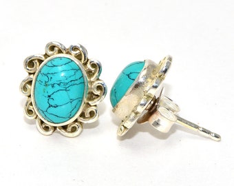 Turquoise Earrings, Blue Gemstone Studs, Sterling Silver Studs, Turquoise Bridal Earrings, Silver Turquoise Studs, Boho December Birthstone