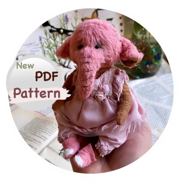 Pattern for sewing an elephant. Pattern for a cute pink teddy elephant.  Pdf pattern for sewing a little elephant with clothes , 7 in
