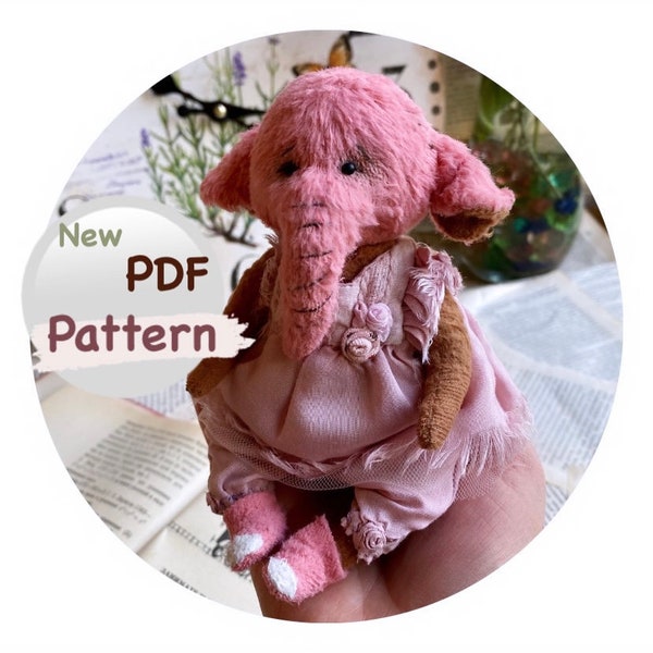 Schnittmuster zum Nähen eines Elefanten. Schnittmuster für einen niedlichen rosa Teddy Elefant. Pdf-Muster zum Nähen eines kleinen Elefanten mit Kleidung, 20 cm