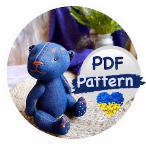 Denim teddy bear digital soft toy sewing pattern to recycle denims PDF download. Ukraine bear.