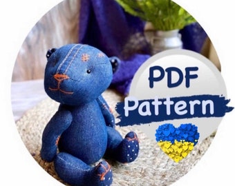 Denim teddy bear digital soft toy sewing pattern to recycle denims PDF download. Ukraine bear.