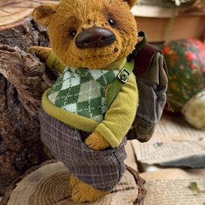 Puede incluir: Un oso de peluche marr&oacute;n que lleva un su&eacute;ter verde y blanco, pantalones marrones y una mochila marr&oacute;n. El oso est&aacute; de pie sobre un tronco de madera.