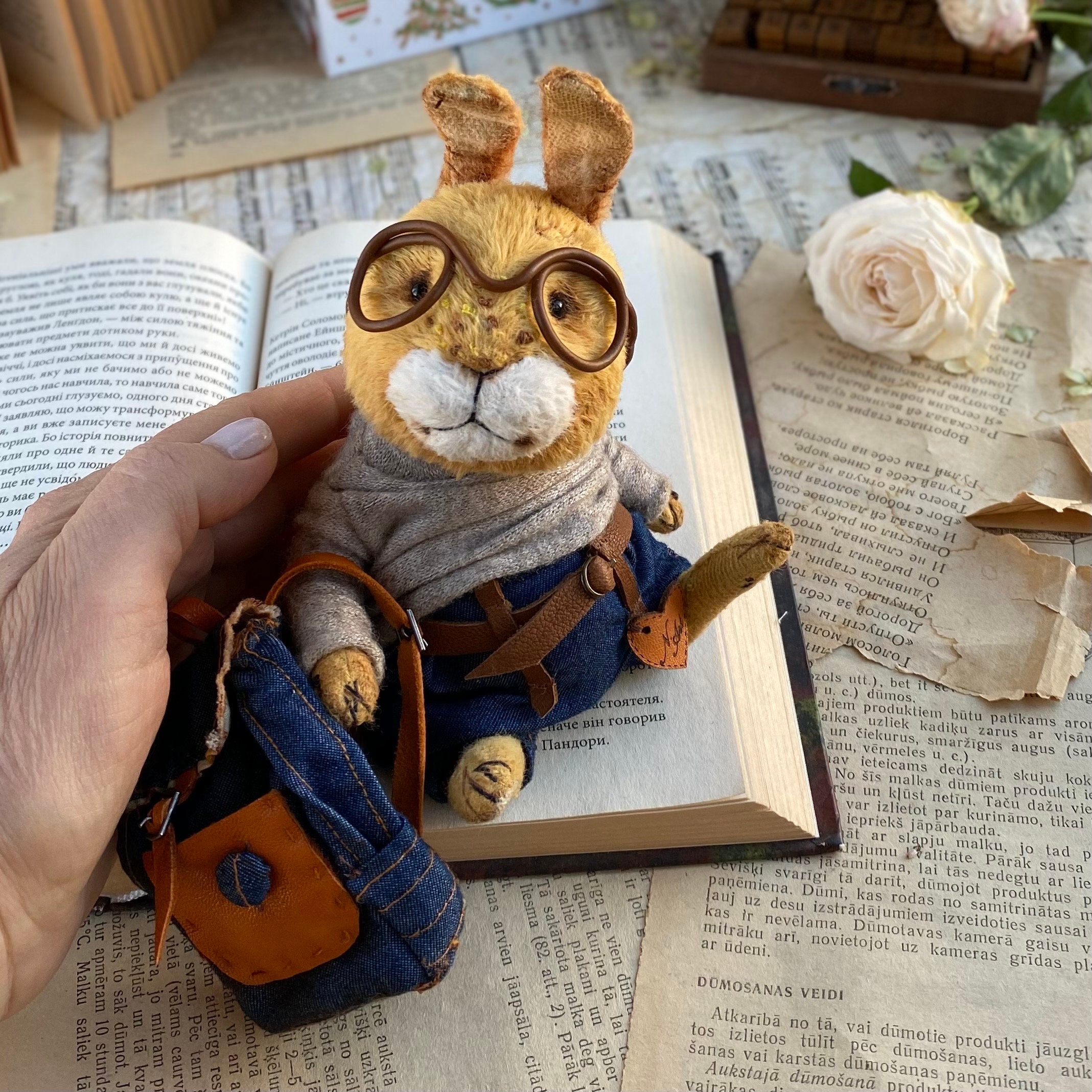 Small plush rabbit. Vintage plush rabbit.  A rabbit in pants, a sweatshirt. Mother’s Day, Easter bunny gift Bunny with Clothes