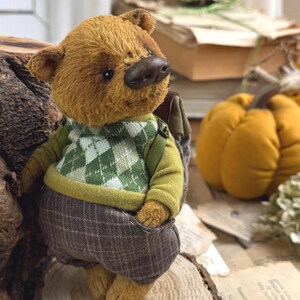Puede incluir: Un peque&ntilde;o oso de peluche marr&oacute;n que lleva un su&eacute;ter verde y blanco y pantalones de cuadros marrones. El oso est&aacute; de pie sobre un tronco de madera y lleva una peque&ntilde;a mochila a la espalda.