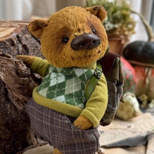 Puede incluir: Un oso de peluche marr&oacute;n que lleva un su&eacute;ter a cuadros verde y blanco, pantalones verdes y una mochila marr&oacute;n. El oso est&aacute; de pie sobre un toc&oacute;n de &aacute;rbol.