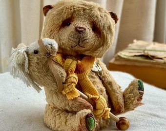 Handmade Teddy Bear 15cm with Toy Horse • OOAK Artist Bear Gift Decor