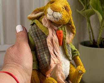 OOAK Künstler Teddy Hase: Grüner Viscose Hase mit Karotte