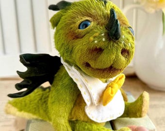 Little green dragon, for good luck.  Teddy artist dragon.  Handmade collectible teddy dragon plush toy. Artisan stuffed dragon