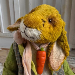 Vintage plush rabbit. Artist Teddy Rabbit – Green  Mohair Bunny in Green Jacket with Carrot Accessory. OOAK Collectible Rabbit