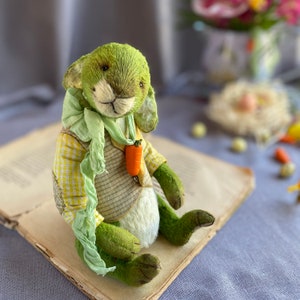 Green teddy rabbit, collection teddy rabbit.  Vintage plush rabbit. Teddy rabbit in a jacket. Easter bunny gift. Bunny with Clothes
