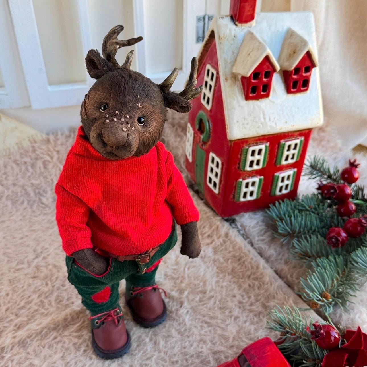 Plush deer, ooak doll. Interior, collectible toy. Christmas plush deer, a toy animal.   Artist of teddy bears.  Interior toys for decor