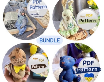 PDF teddy pattern bundle. Set pattern 4 IN 1 bunny, rat, bear, dragon.  PDF digital soft toy sewing patterns. With love from Ukraine.