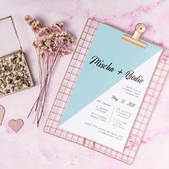 Modern Minimal Diagonal Blue And White Wedding Invitations Etsy