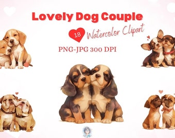 Watercolor Lovely Dog Couple Clipart, Romantic Couple Images, Commercial Use