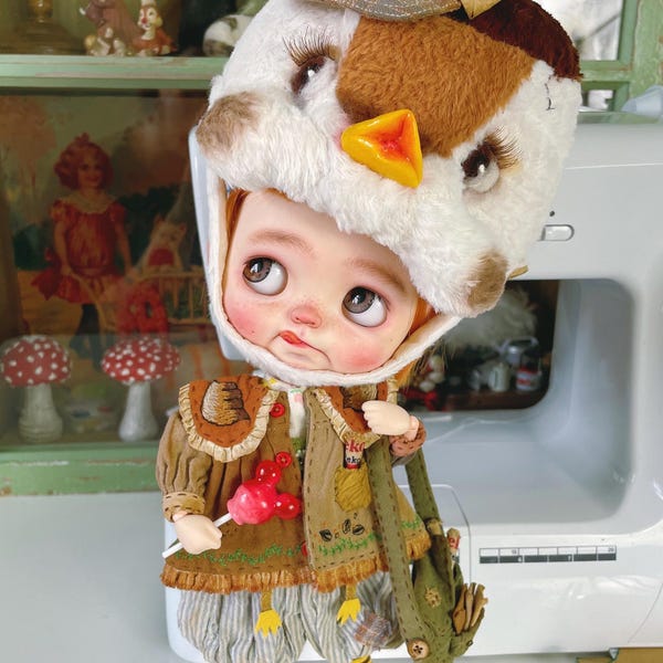 Handgemachte Blythe Puppenkleidung, 6-teiliges Outfit: Mütze, Socken, Tasche, Hemd, Strampler, Mantel