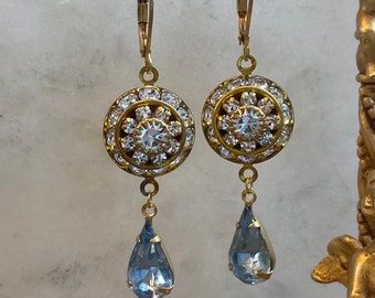 Sparkling Clear Swarovski multi-layered Crystal Raised Drop Earrings with Powder Blue crystal teardrop dangle.