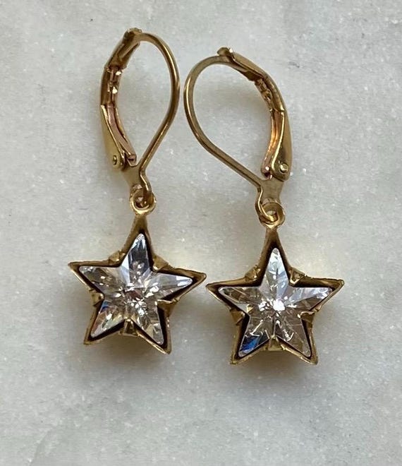 Sparkly 10 mm Swarovski Clear Crystal  Stars with silver foil back Rhinestone Brass Celestial Star Earrings.