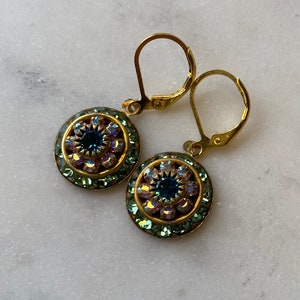 Swarovski Peridot and Aurora Borealis or AB Three Layer Rhinestone Crystal Drop Earrings image 8