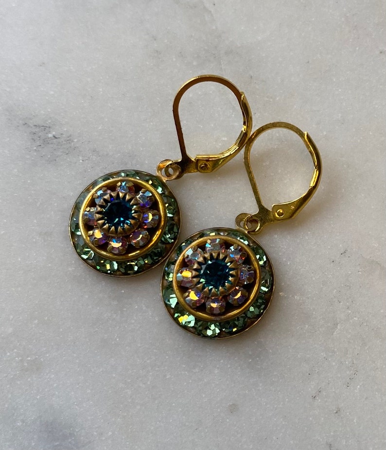 Swarovski Peridot and Aurora Borealis or AB Three Layer Rhinestone Crystal Drop Earrings image 8