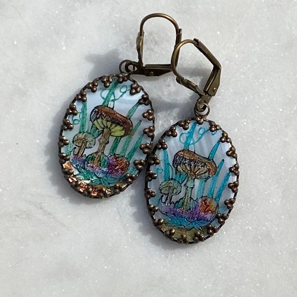 Vintage Mother of Pearl Painted Mushrooms Cameo Dangle Earrings