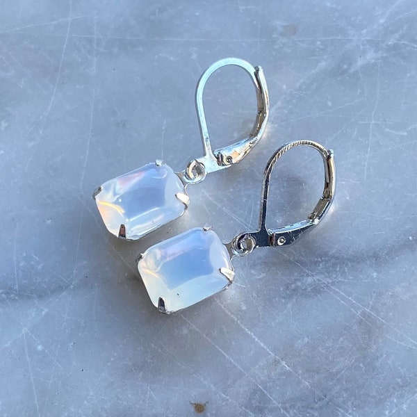 Vintage Opal or Moonstone Earrings made from Vintage Smooth Curved Glass 8mm x 10 mm Octagon Rhinestones set in silver plated brass