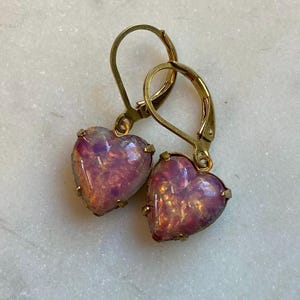 Vintage Pink Harlequin Fire Opal 12 mm Heart Glass Earrings