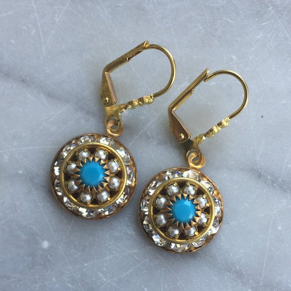 Swarovski Crystal, Pearl, and Turquoise Three Layer Crystal Drop Earrings with gold flower leverback earwires