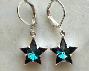 Bermuda Blue 10mm Swarovski Star Rhinestones set in Silver Plated Brass Celestial Earrings.
