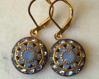 Swarovski Blue Opal and Light Sapphire Three Layer Rhinestone Crystal Drop Earrings
