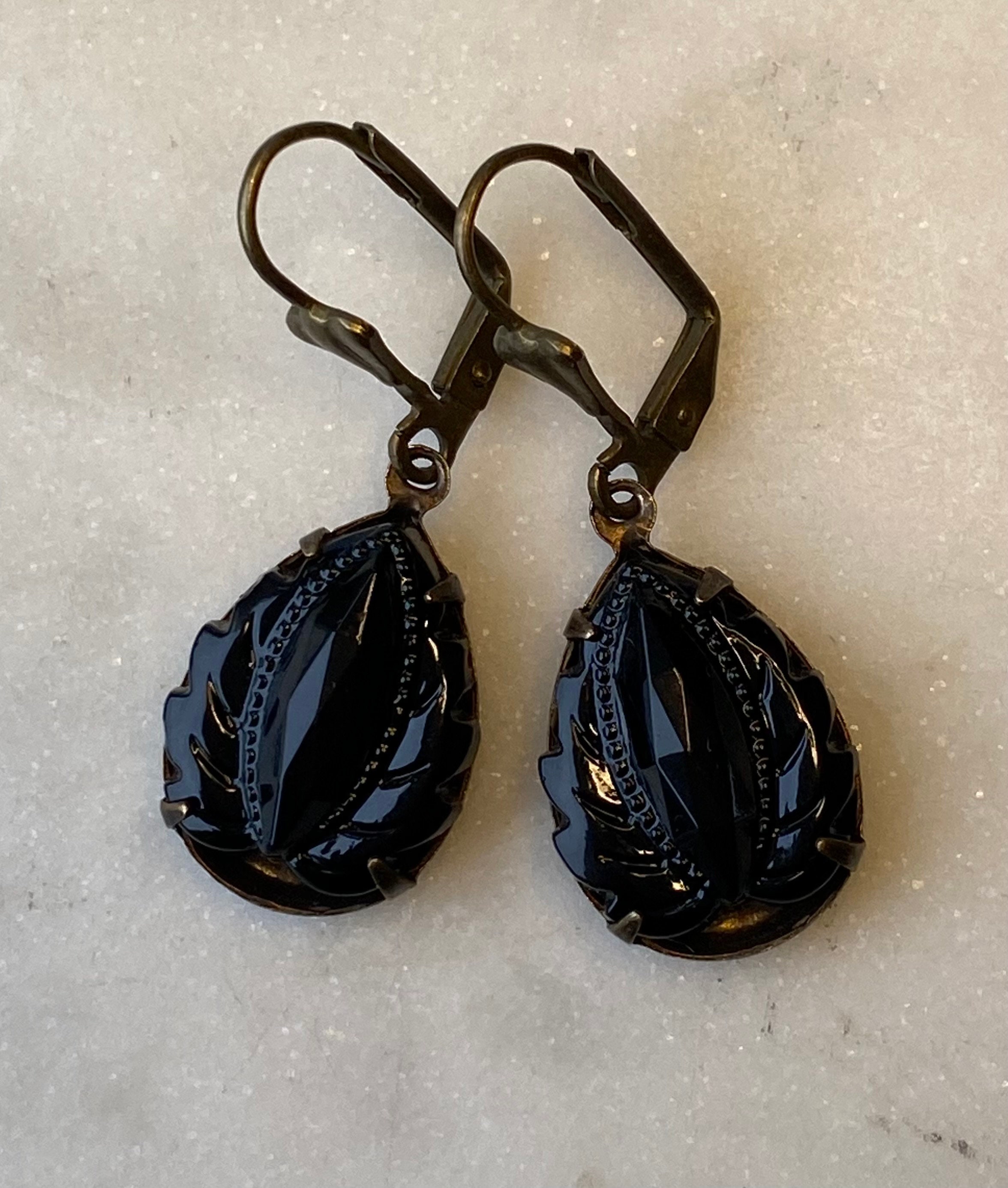 Vintage West German Jet Black Onyx  Leaf 18 x 13 mm Faceted Glass Earrings