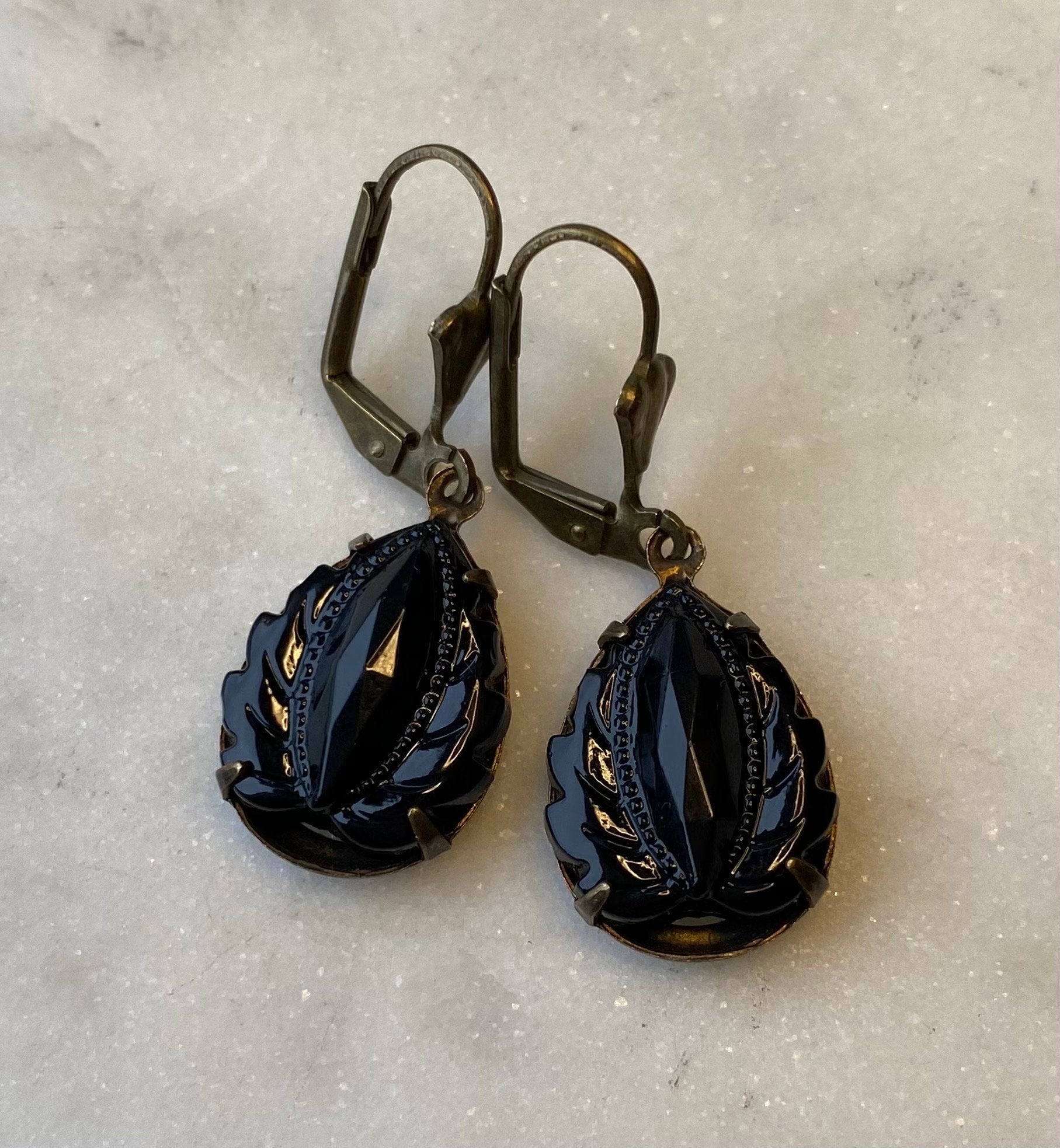 Vintage West German Jet Black Onyx  Leaf 18 x 13 mm Faceted Glass Earrings