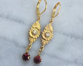 Vintage Brilliant Art Deco Swarovski Crystal Rhinestone Floral Gold. Brass Connector. Vintage Ruby Red Rhinestone bead dangle earrings