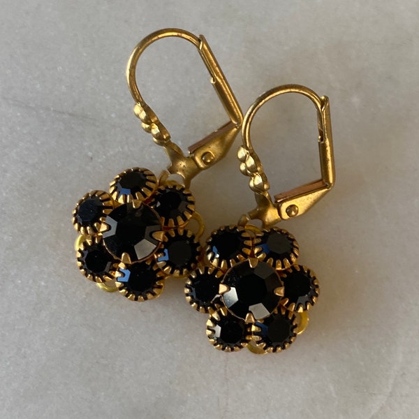 Jet Black Rhinestone Swarovski Crystal Flower Drop Earrings with raw brass floral or plain lever back ear wires.