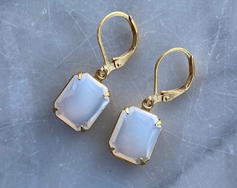 Vintage Opal or Moonstone Earrings made from Vintage Smooth Curved 8mm x 10 mm Glass Octagon Rhinestones set in gold plated brass