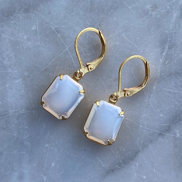 Vintage Opal or Moonstone Earrings made from Vintage Smooth Curved 8mm x 10 mm Glass Octagon Rhinestones set in gold plated brass